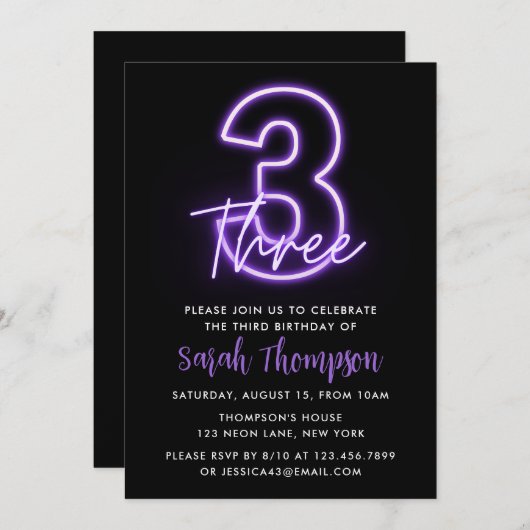 Paarse Neon 3rd Birthday Kaart (Voorkant / Achterkant)
