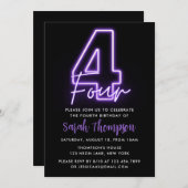 Paarse Neon 4e verjaardag Uitnodiging (Voorkant / Achterkant)