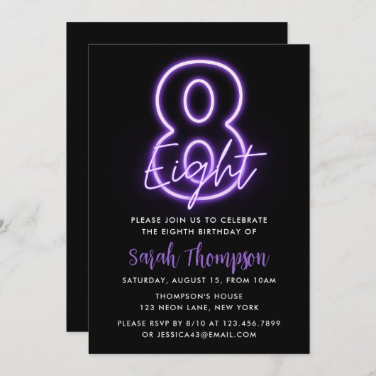 Paarse Neon 8e verjaardag Uitnodiging (Voorkant / Achterkant)