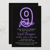 Paarse Neon 9e verjaardag Uitnodiging (Voorkant / Achterkant)