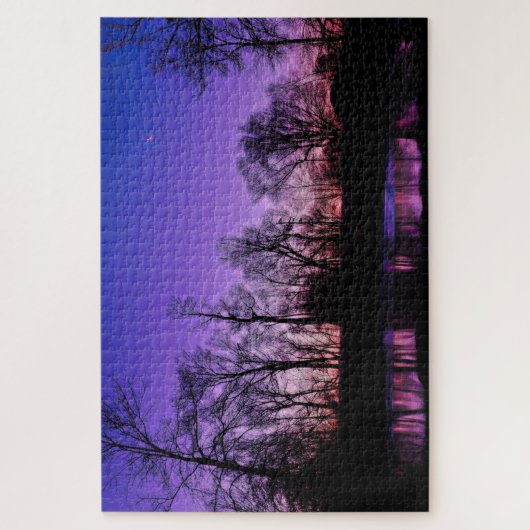 Paarse Neon Art Sunrise Lake Reflection Legpuzzel (Verticaal)