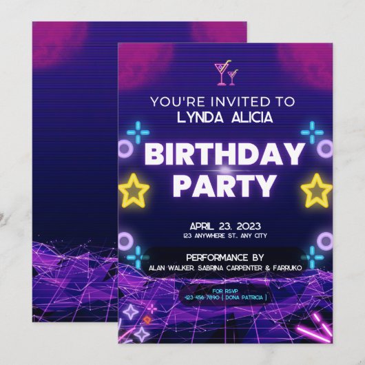 Paarse Neon Birthday Party Kaart (Voorkant / Achterkant)