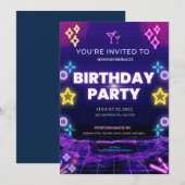 Paarse Neon Birthday Party Kaart (Voorkant / Achterkant)