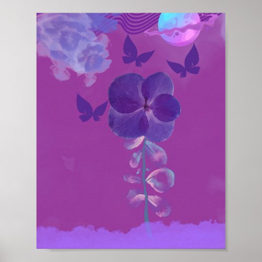Paarse Neon Bloemen 's Nachts Poster (Voorkant)