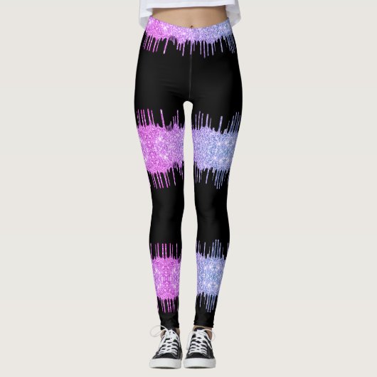 Paarse Neon Glitter Druppelt Zwarte Leggings (Voorkant)