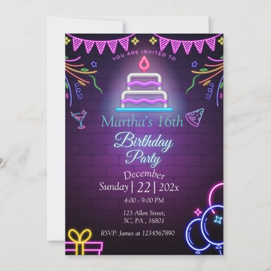 PAARSE NEON GLOEIT IN HET DONKERE VERJAARDAGSFEEST KAART (Voorkant)