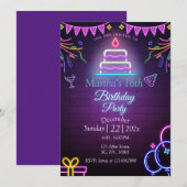 PAARSE NEON GLOEIT IN HET DONKERE VERJAARDAGSFEEST KAART (Voorkant / Achterkant)