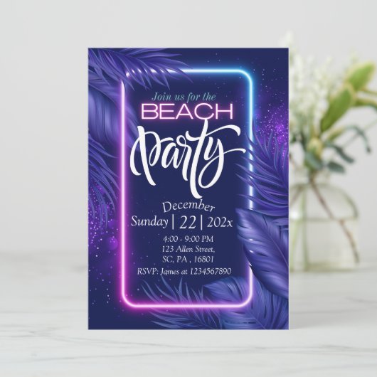 PAARSE NEON GLOW IN THE DARK STRANDPARTY UITNODIGI KAART (Staand voorkant)