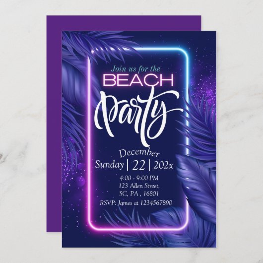 PAARSE NEON GLOW IN THE DARK STRANDPARTY UITNODIGI KAART (Voorkant / Achterkant)