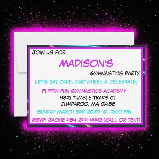 Paarse Neon Gymnastiek Party Uitnodiging