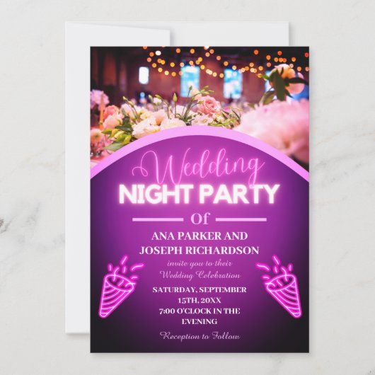 Paarse Neon Lights Modern Wedding Night Party Kaart (Voorkant)
