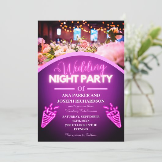 Paarse Neon Lights Modern Wedding Night Party Kaart (Staand voorkant)