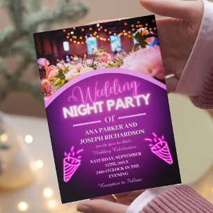 Paarse Neon Lights Modern Wedding Night Party Kaart