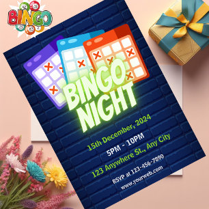 Paarse Neon Minimalistische Bingo Avond Uitnodigin Kaart