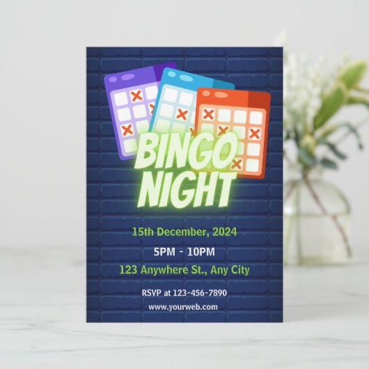 Paarse neon minimalistische bingo nachtuitnodiging kaart (Staand voorkant)