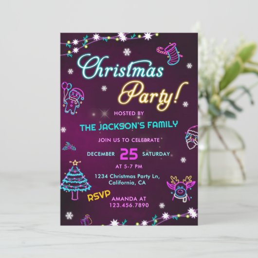 Paarse Neon Modern kerstfeest Kaart (Staand voorkant)