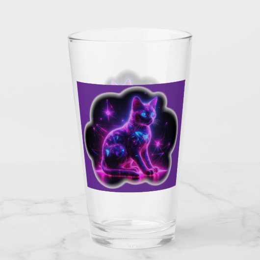Paarse Neon Siamese Kat Met Blauwe Ogen & Steruitb Glas (Voorkant)