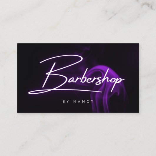 Paarse Neon Smoke Barbershop handgeschreven script Visitekaartje (Voorkant)