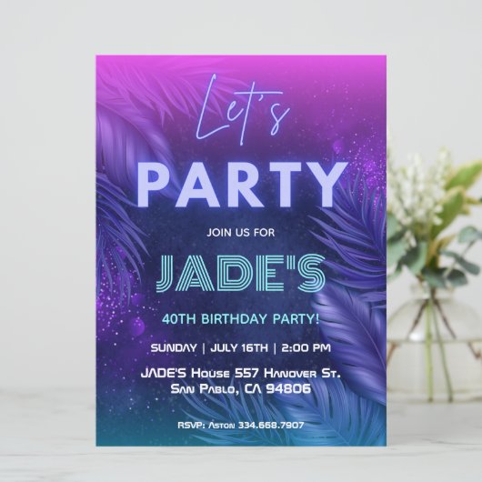 Paarse Neon Tropische Verjaardagsfeestje Kaart (Staand voorkant)