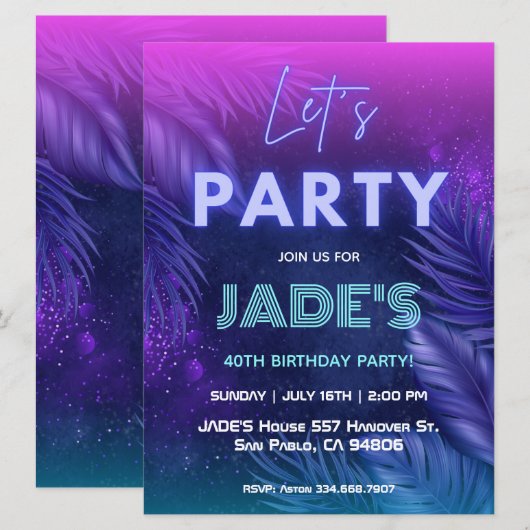 Paarse Neon Tropische Verjaardagsfeestje Kaart (Voorkant / Achterkant)