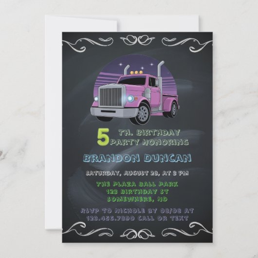 Paarse Neon Trucks 5e verjaardagsfeest Kaart (Voorkant)