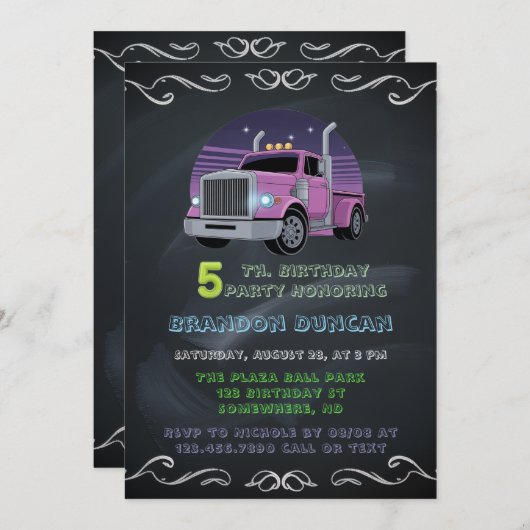 Paarse Neon Trucks 5e verjaardagsfeest Kaart (Voorkant / Achterkant)