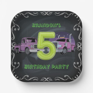 Paarse Neon Trucks 5e verjaardagsfeest Papieren Bordje