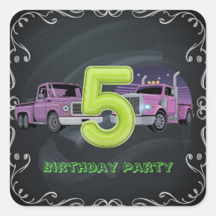 Paarse Neon Trucks 5e verjaardagsfeest Vierkante Sticker