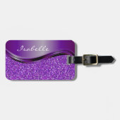 Paarse Nep Glitter Bling Gepersonaliseerde Metaal Bagagelabel (Voorkant horizontaal)