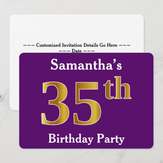 Paarse, Nep Gouden 35e Verjaardagsfeest; Aangepast Kaart (Voorkant / Achterkant)
