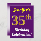 Paarse, Nep Gouden 35e Verjaardagsfeest + Naam Kaart (Voorkant / Achterkant)