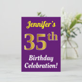 Paarse, Nep Gouden 35e Verjaardagsfeest + Naam Kaart (Staand voorkant)