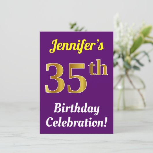 Paarse, Nep Gouden 35e Verjaardagsfeest + Naam Kaart (Staand voorkant)
