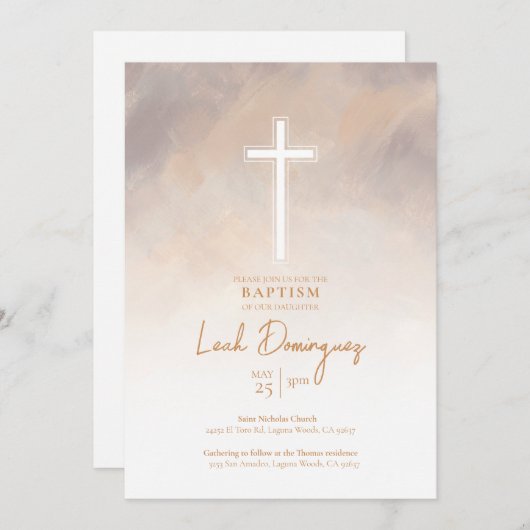 Paarse neutraal kleur Waterverf doopuitnodiging Kaart (Voorkant / Achterkant)