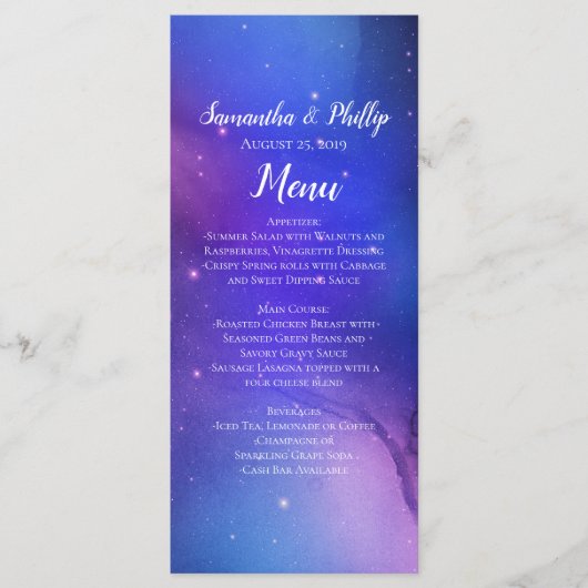 Paarse Nevel Hemelse Kunst Buitenruimte Bruiloft Menu (Voorkant)