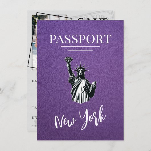 Paarse New York City Passport Bewaar de datum Save The Date (Voorkant / Achterkant)
