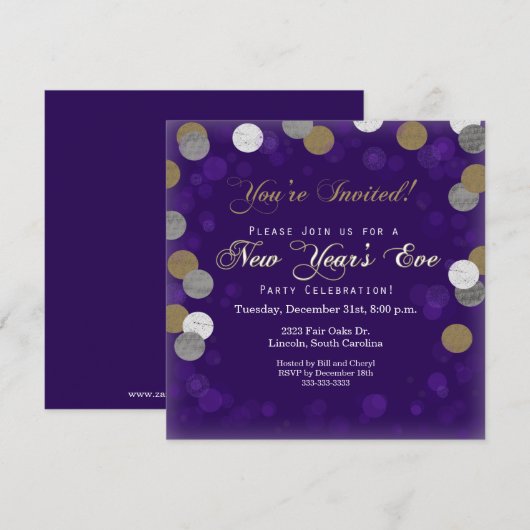 Paarse Nieuwjaarsfeest uitnodiging (Voorkant / Achterkant)