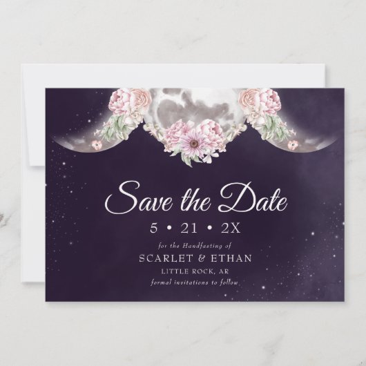 Paarse Night Sky Floral Triple Moon Handfasting Save The Date (Voorkant)
