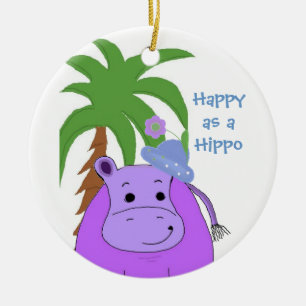Paarse Nijlpaard met een Palmboom Keramisch Ornament