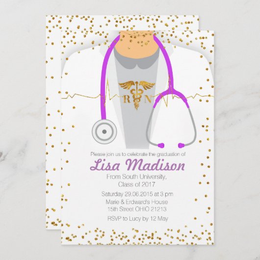 Paarse Nursing Graduation Party Invitation Kaart (Voorkant / Achterkant)
