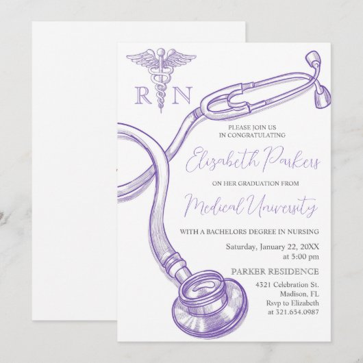 Paarse Nursing School Graduation Party Kaart (Voorkant / Achterkant)