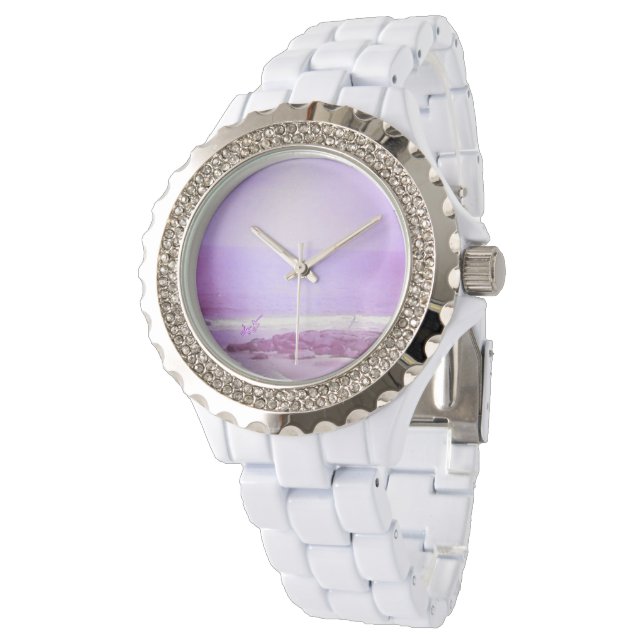 Paarse Oceaan en Sky White Rhinestone Watch Horloge (Gekanteld)
