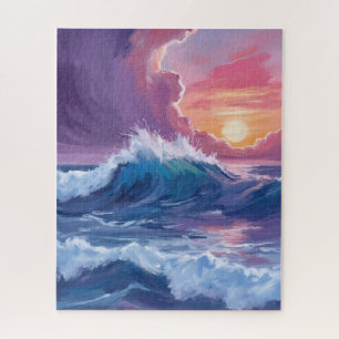 Paarse Oceaangolven Zonsondergang Aquarel Schilder Legpuzzel