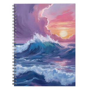 Paarse Oceaangolven Zonsondergang Aquarel Schilder Notitieboek