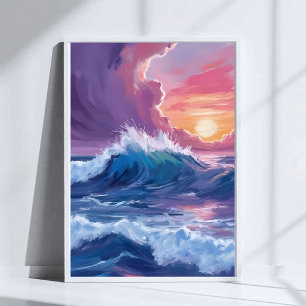 Paarse Oceaangolven Zonsondergang Aquarel Schilder Poster