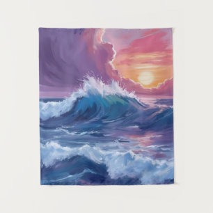 Paarse Oceaangolven Zonsondergang Aquarel Schilder Wandkleed