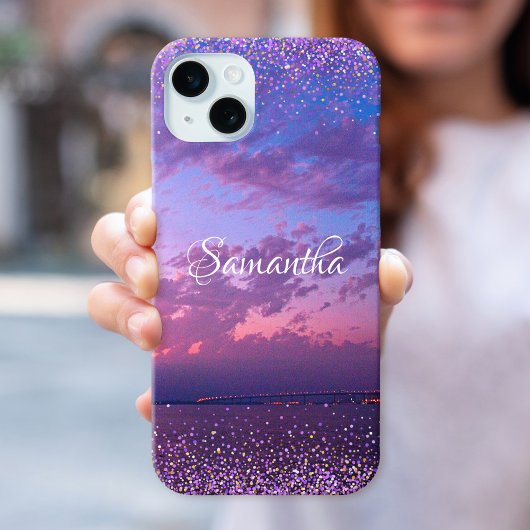 Paarse Ocean Sunset Photo Confetti Name Script Case-Mate iPhone Case