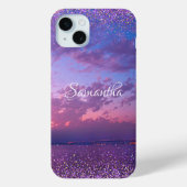 Paarse Ocean Sunset Photo Confetti Name Script Case-Mate iPhone Case (Achterkant)