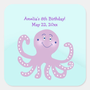 Paarse Octopus Birthday SQUARE Favor Sticker