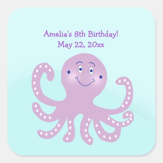 Paarse Octopus Birthday SQUARE Favor Sticker (Voorkant)